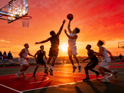 户外篮球比赛场景 - 球员在夕阳下的球场激烈对抗，展现力量与技巧的碰撞